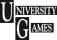 University Games in weiß, rot unterlegt, U und G in getrennten Rechtecken, auch schwarz-weiss