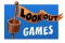 Holzmast mit Mastkorb, darin Fahne, alles braun; in Fahne Lookout in schwarz, neben Mastkorb GAMES in weiß, alles auf blauem Hintergrund. Fahne ragt aus Hintergrund hinaus
