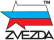 Streifen quer, von oben nach unten weiß, rot, blau, rechts abgeschrägt, links eine Spitze aus weiß, eine aus blau und 2 aus rot als Stern; darunter ZVEZDA in schwarz