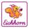 Eichhörnchen laufend, Profil rechts, orange gefleckt, lila gerahmt; darunter Richhorn in Schreibschrift, lila - alles in lila Quadratrahmen mit Rundecken