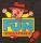 FUN001 auf Hintwérgrund gelb,FUN blau,  als Körper eines Clown mit rotem Hut und gelben Armen