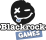 Schwarzer Fleck wie gesicht mit x und - als auge, Bogen als Mund, Fleck als Zunge, darunter Blackrock weiß auf schwarz, darunter GAMES weiß auf grau