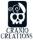 Schwarzes Rechteck, darin weißer Totenkopf, oben offen wie Deckel, daraus Arabeske, darunter weißes Feld mit "CRANIO CREATIONS" in zwei Reihen