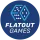 Blauer Kreis, darin D6 mit oben 5, darunter 6, rechts 5, unter D6 FLATOUT GAMES in zwei Zeilen, weiß, Flatout dicker als Games