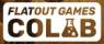 Rechteckcrahmen, darin FLATOUT GAMES klein, darunter groß COLAB mit Erlenmayer-Kolben als A