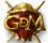 Japanischer Kriegerhelm in Gold mit rotem Schleier, darin GDM, D kleiner als GDM, alle Gold, hinter Helm gekreuzteSchwerter, nur Enden oben und unten sichtbar