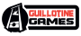 weiße Guillotine auf schwarzem kugelähnlichen Hintergrund, daneben  Guillotine Rot, darunter GAMES schwarz, beides in zur Kugel offenem Rahmen, alles auf weiß, den Konturen folgend