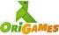 Origami Vogel, früm, darunter oriGames in Zierschrift, ori grün, GAMES orange, alles auf weiß in Form der Konturen, auch andere Farben oder farblos