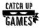 Schwarzer Balken mit zwei Schleifenzackenenden seitlich versetzt, darin weiße Hakenähniche Gebilde, darüber CATCH UP, darunter GAMES